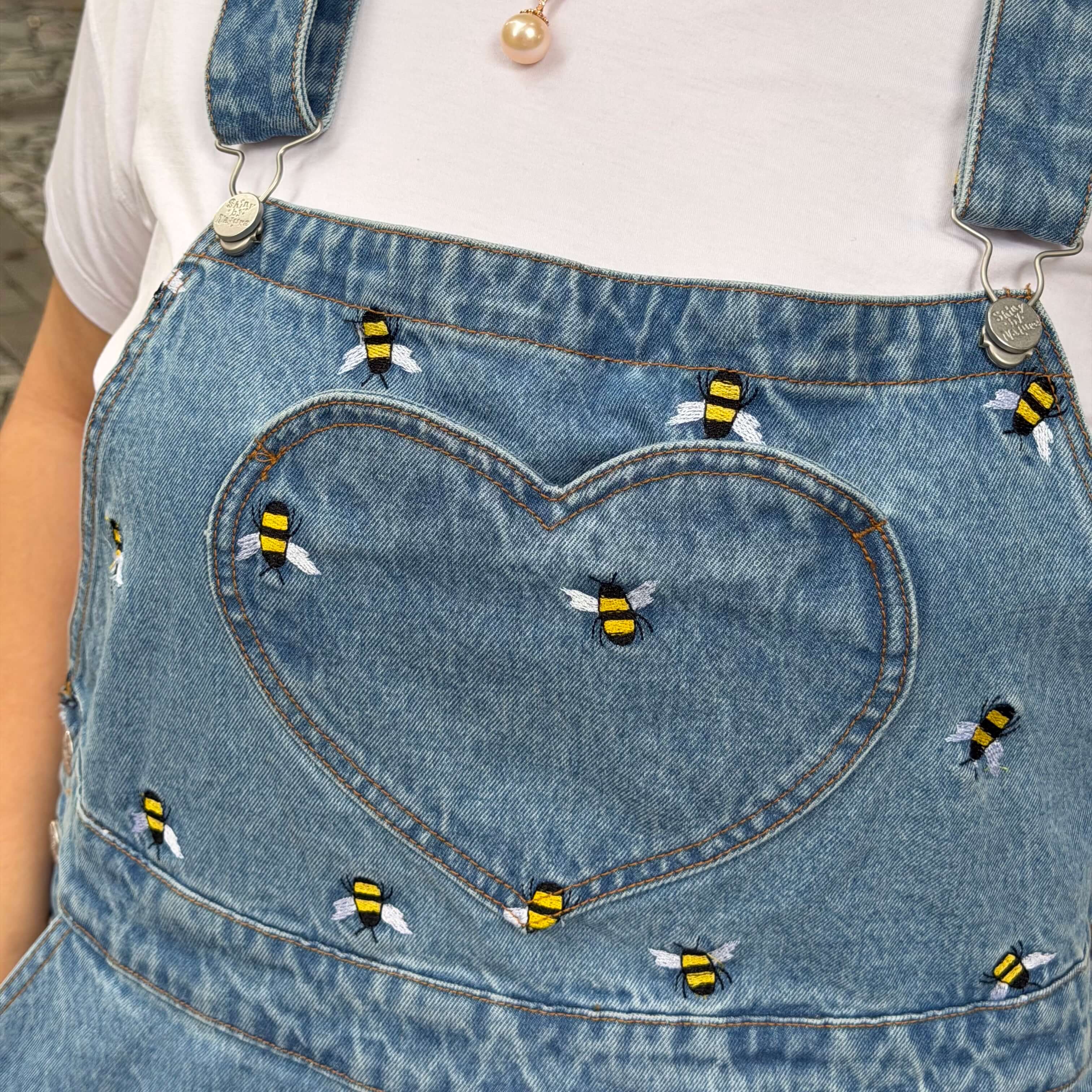 Denim Overall Dress - Light Wash with Bees