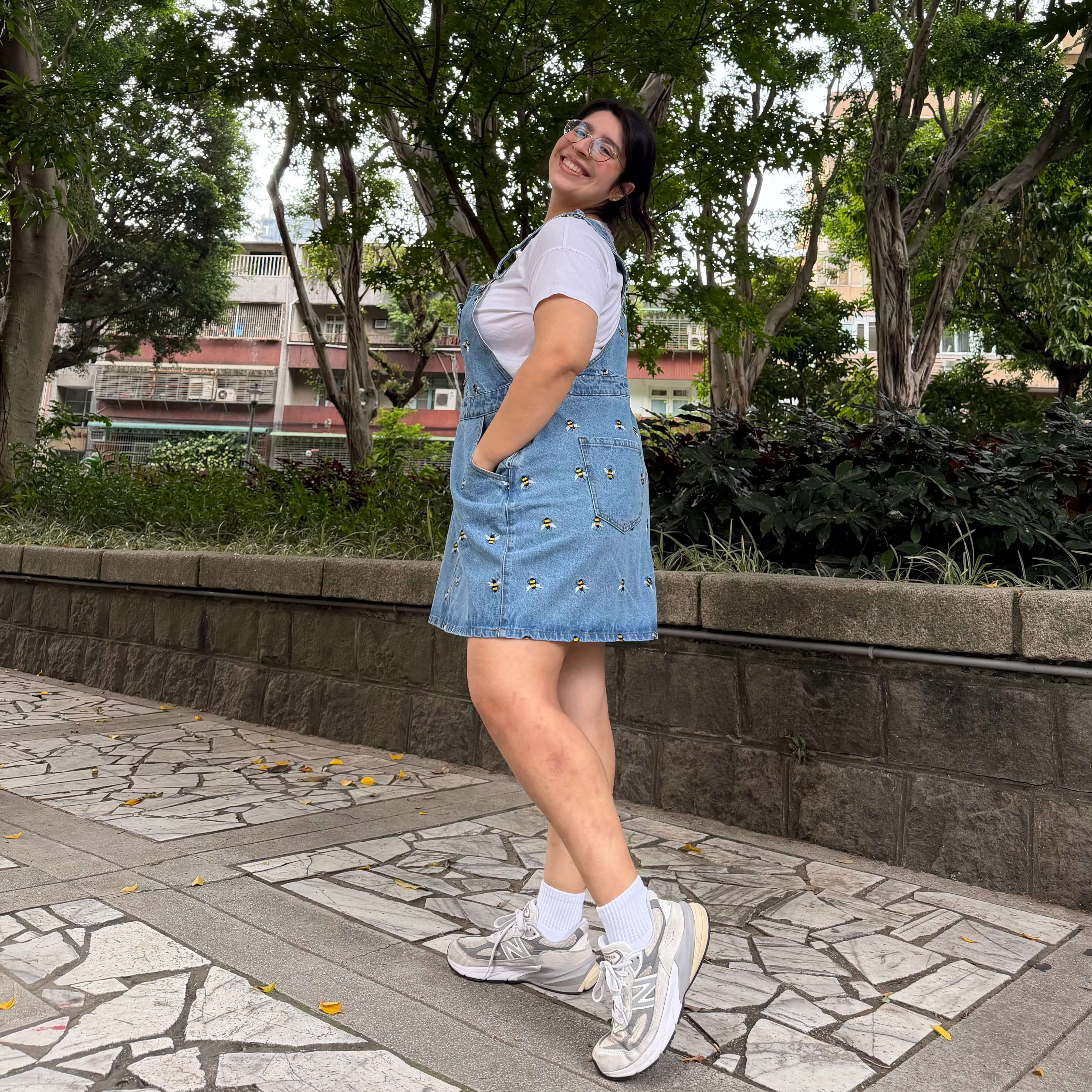 Denim Overall Dress - Light Wash with Bees