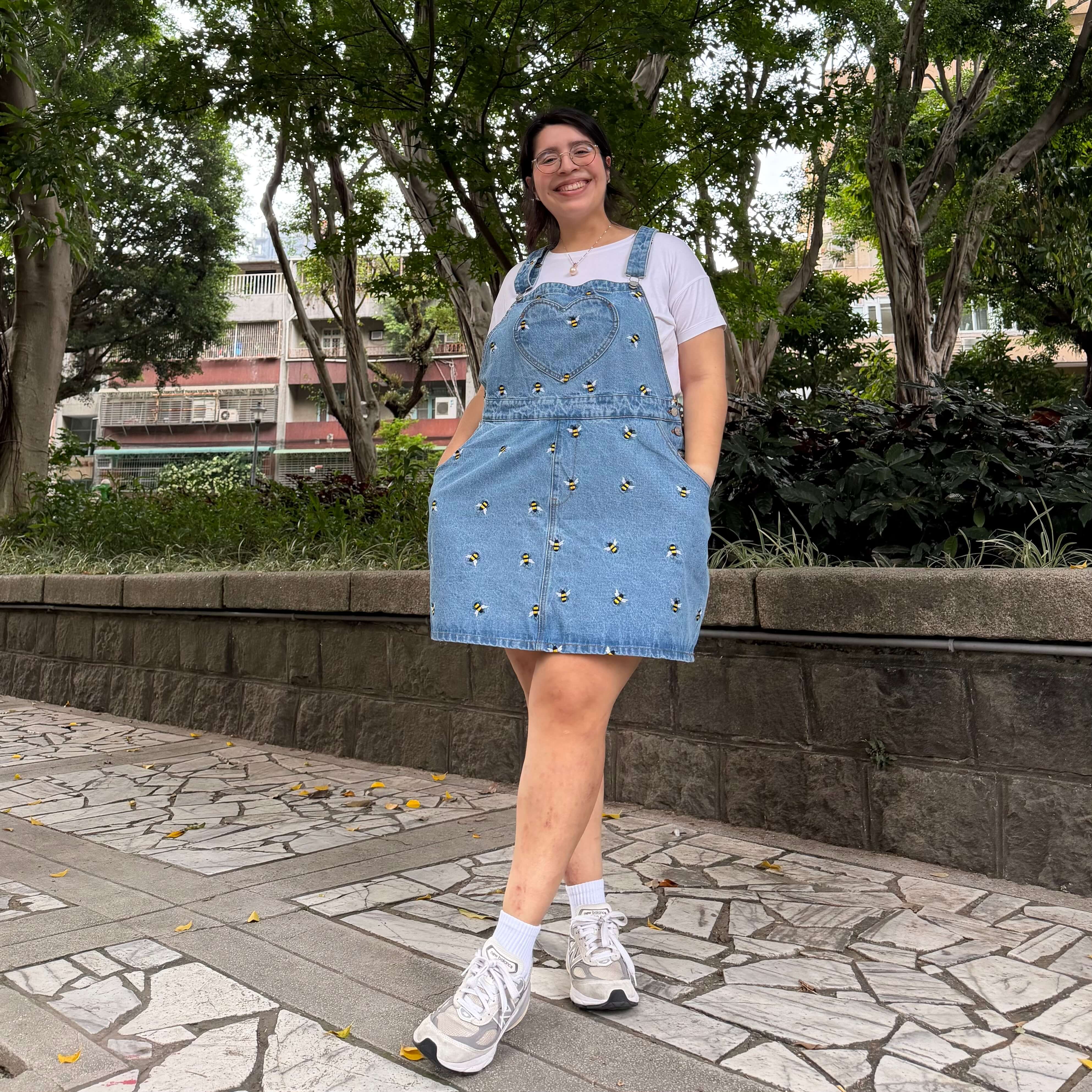 Denim Overall Dress - Light Wash with Bees