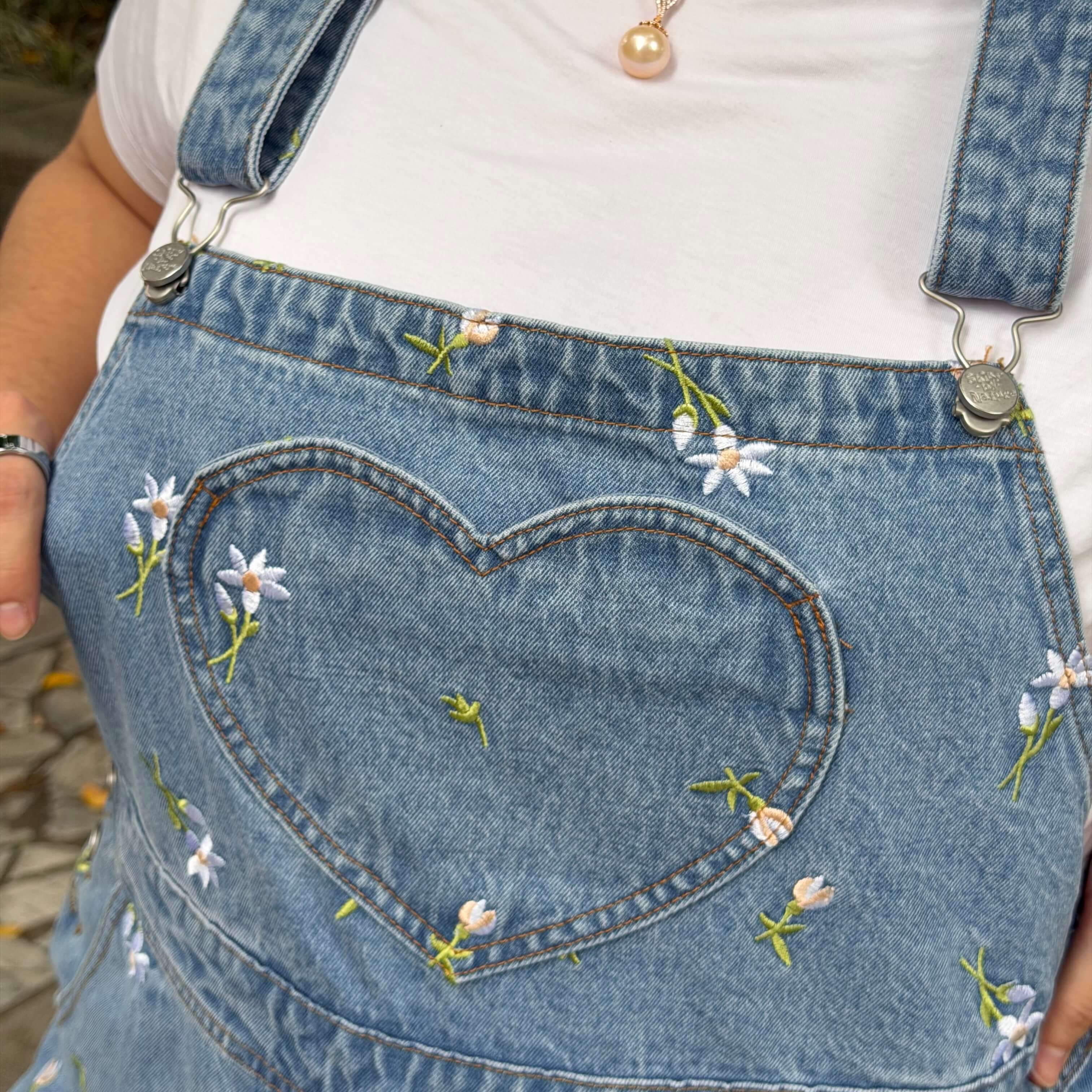Denim Overall Shorts - Light Wash with Daisies